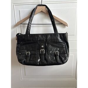 Lauren Ralph Lauren Black Faux Crocodile Embossed Large Handbag Travel Style Fun